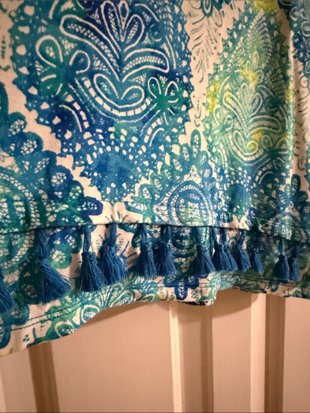 Pappagallo Blue and Green Tassel Trim Tunic Short Sleeve Shirt - Picture 8 of 8